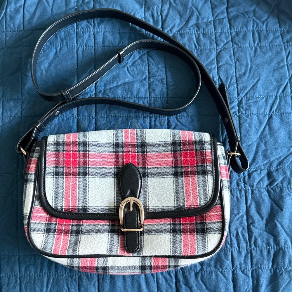 NWOT LOFT Tartan Plaid White Red Black Camera Handbag Purse Shoulder Bag